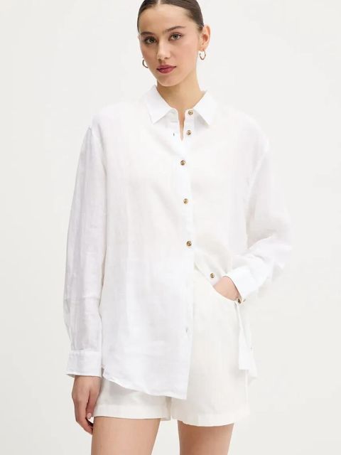 Superdry koszula lniana damska kolor beżowy regular z kołnierzykiem klasycznym W4010463A-01C - zdjęcie produktu nr 1