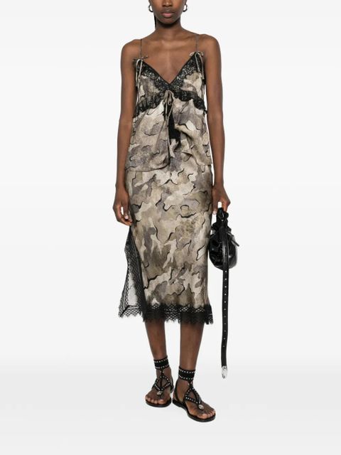 PINKO camouflage-print lace-trim midi skirt - Neutrals