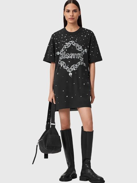 AllSaints sukienka bawełniana DRIP kolor czarny mini oversize W082DD - zdjęcie produktu nr 2