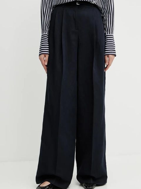 BOSS spodnie z domieszką lnu damskie kolor granatowy proste high waist 50538045 - zdjęcie produktu nr 1