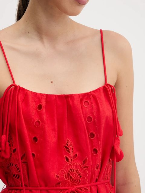 Farm Rio sukienka lniana kolor czerwony maxi rozkloszowana 336561