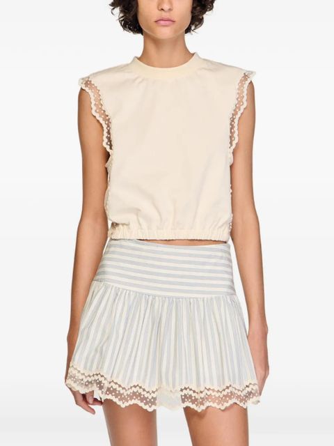 SANDRO crew neck lace-trim top - Neutrals