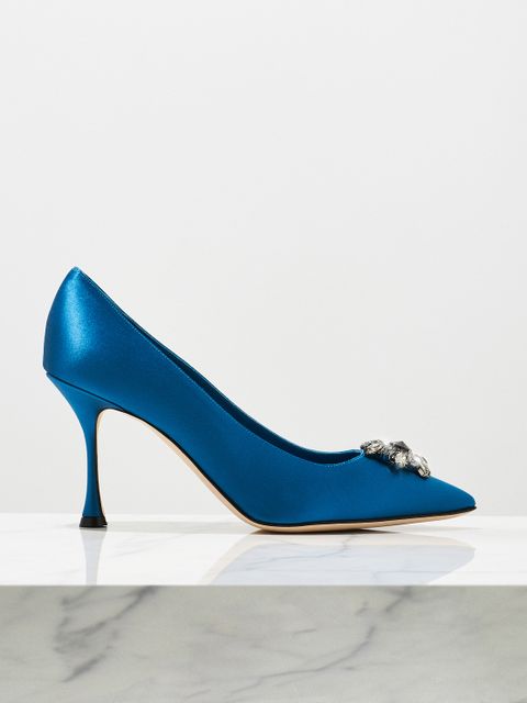 MANOLO BLAHNIK - Niebieskie satynowe szpilki Cassina 9 cm