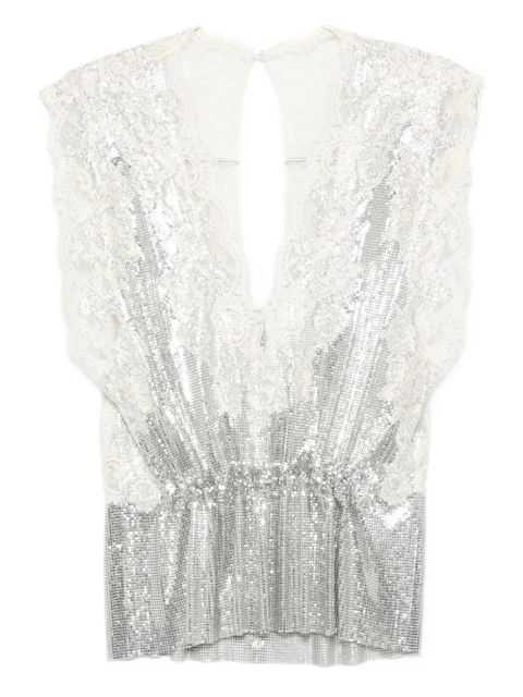 Rabanne lace-insert mesh gathered-waist top - Silver