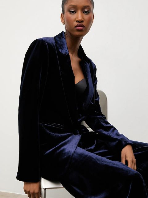 Answear.LAB marynarka welurowa kolor granatowy jednorzędowa gładka - zdjęcie produktu nr 1