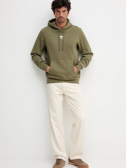 Lacoste bluza bawełniana kolor zielony z kapturem z nadrukiem SH2740