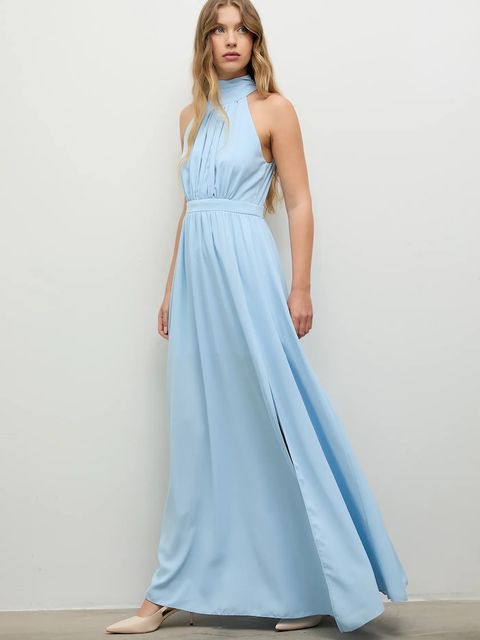 Answear.LAB sukienka kolor niebieski maxi rozkloszowana