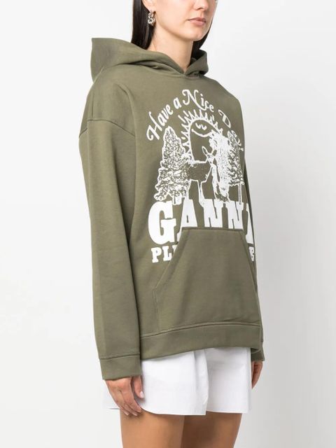 GANNI logo-print organic cotton hoodie - Green