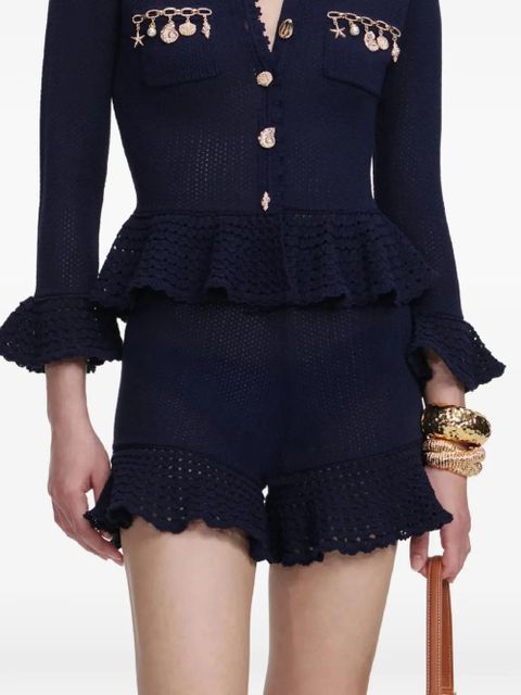 Self-Portrait crochet ruffled shorts - Blue