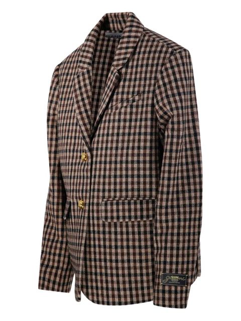 GANNI gingham check buttoned blazer - Brown