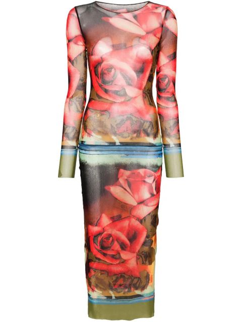 Jean Paul Gaultier rose-print mesh midi dress - Green - zdjęcie produktu nr 1