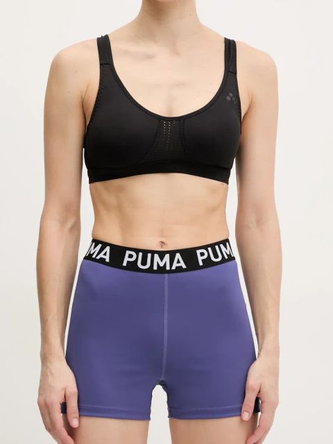 Puma szorty treningowe Strong kolor fioletowy z nadrukiem high waist 526002