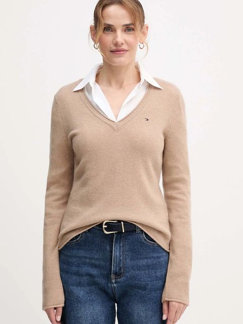 Tommy Hilfiger sweter wełniany damski kolor beżowy lekki WW0WW43505 - zdjęcie produktu nr 1