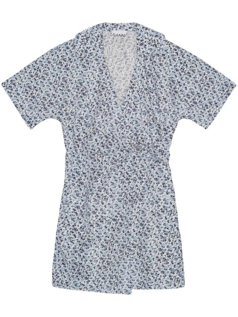 GANNI floral-print wrap minidress - Blue