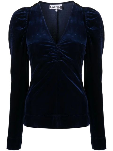 GANNI puff-sleeve velvet blouse - Blue