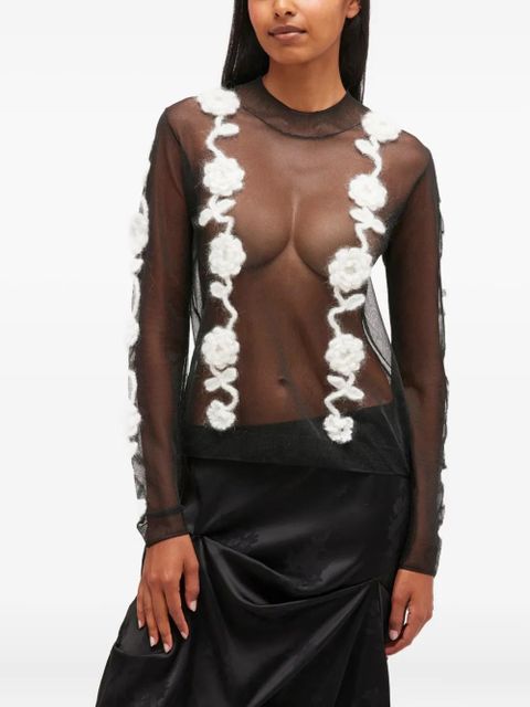 GANNI crochet-flowers mesh top - Black