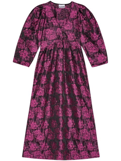 GANNI botanical-jacquard puff-sleeves midi dress - Pink - zdjęcie produktu nr 1