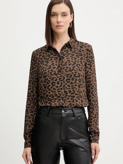 Guess koszula NEW CLOUIS damska kolor brązowy regular z kołnierzykiem klasycznym W5BH73 WGLA2