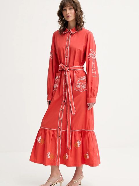 Never Fully Dressed sukienka bawełniana kolor czerwony midi rozkloszowana NFDDR1965