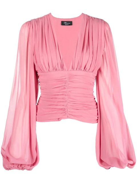 Blumarine ruched V-neck silk blouse - Pink - zdjęcie produktu nr 1