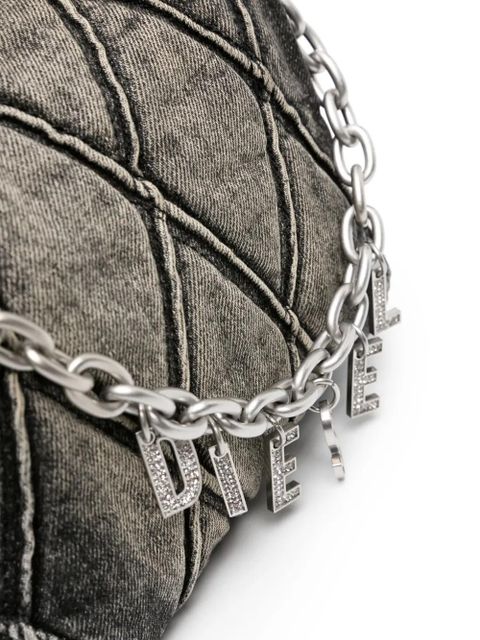 Diesel small logo-charm quilted denim bag - Black