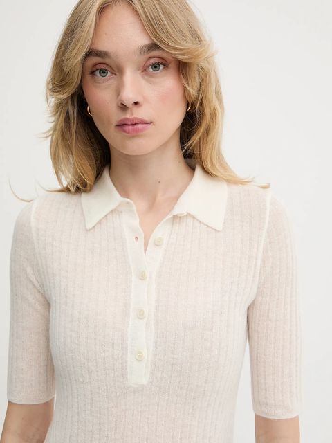 BOSS Orange polo wełniane damski kolor beżowy 50543977