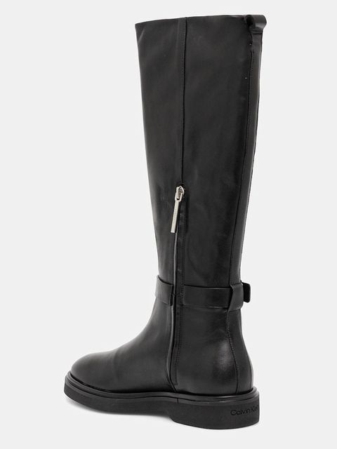 Calvin Klein kozaki skórzane KNEE BOOT W/ METAL LOGO damskie kolor czarny na płaskim obcasie HW0HW02665