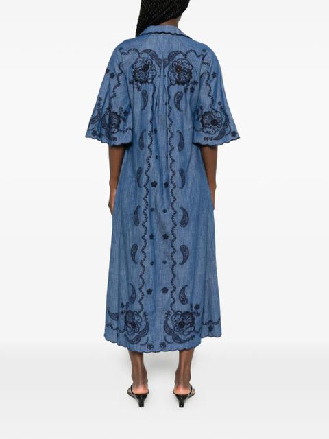ZIMMERMANN Aster paisley-embroidered scalloped-edge midi dress - Blue