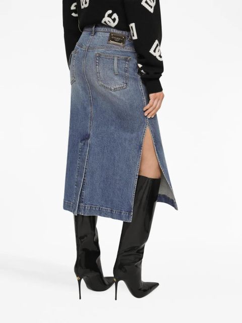 Dolce & Gabbana logo-plaque midi denim skirt - Blue