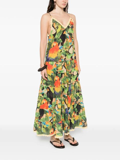 FARM Rio Bird Leaves ruffled maxi dress - Green