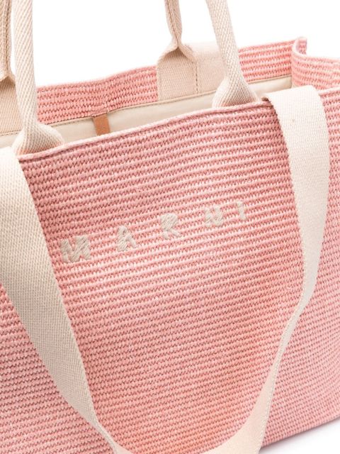 Marni logo-embroidered raffia tote bag - Pink