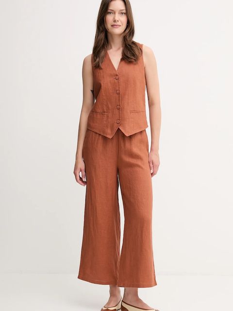 United Colors of Benetton spodnie lniane damskie kolor brązowy proste high waist 4AGHDF09G - zdjęcie produktu nr 2