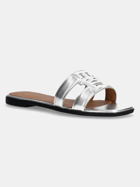 Tommy Hilfiger klapki skórzane TH LOGO STRAP METALLIC MULE damskie kolor srebrny FW0FW08676