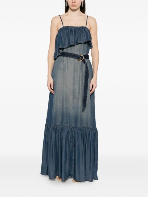 PINKO ruffled belted denim maxi dress - Blue