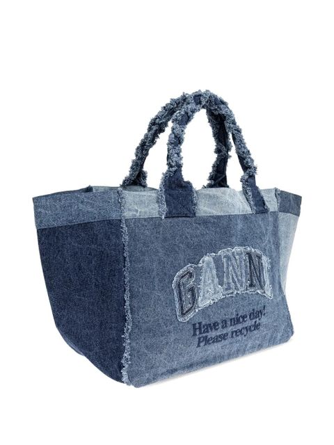 GANNI patchwork frayed-edge tote bag - Blue