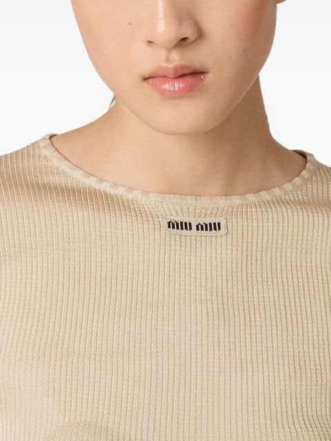 Miu Miu ribbed logo-patchT-shirt - Neutrals