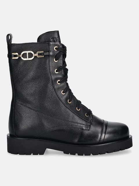 Twinset workery skórzane damskie kolor czarny na płaskim obcasie 252TCP150