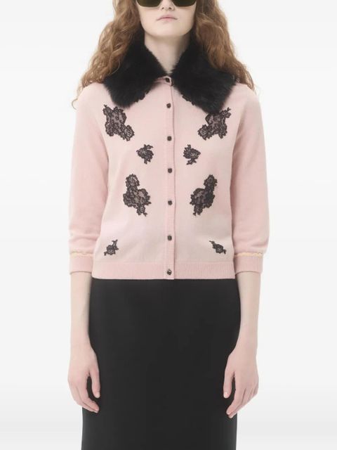 Valentino Garavani lace-embellished shearling-collar cardigan - Pink