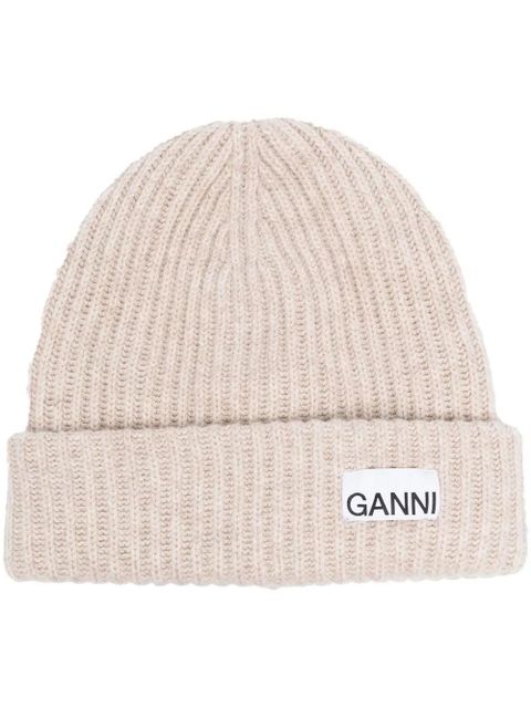 GANNI logo-patch ribbed beanie - Neutrals - zdjęcie produktu nr 1