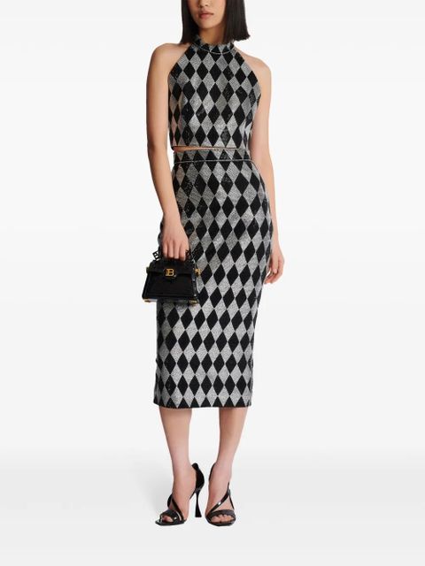 Balmain diamond-print rhinestone crop top - Black