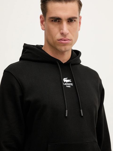 Lacoste bluza bawełniana kolor czarny z kapturem z nadrukiem SH2740