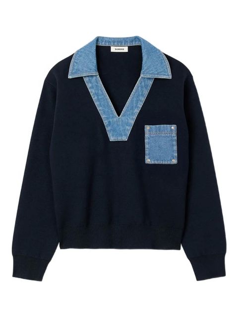 SANDRO denim-trimmed V-neck sweatshirt - Blue - zdjęcie produktu nr 1