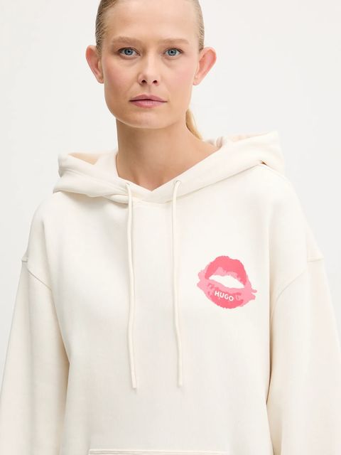 HUGO bluza bawełniana damska kolor beżowy z kapturem z nadrukiem 50545201