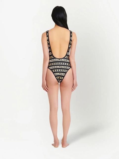 Balmain striped logo-print swimsuit - Black