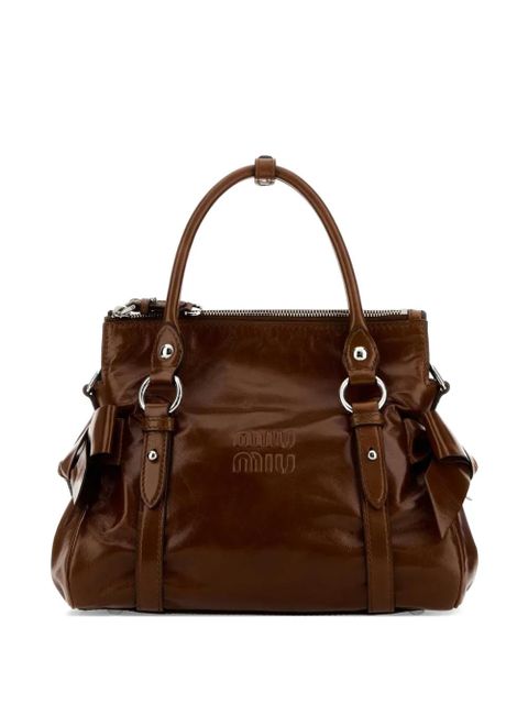 Miu Miu bow-embellished logo-embossed leather tote bag - Brown - zdjęcie produktu nr 1