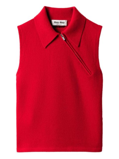 Miu Miu ribbed-collar zip-front sleeveless vest - Red - zdjęcie produktu nr 1