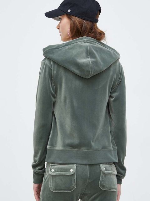 Juicy Couture bluza welurowa kolor zielony z kapturem gładka