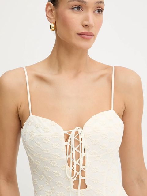 Bardot sukienka kolor beżowy maxi dopasowana 59928DB