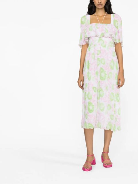 GANNI smocked waist printed midi dress - Pink