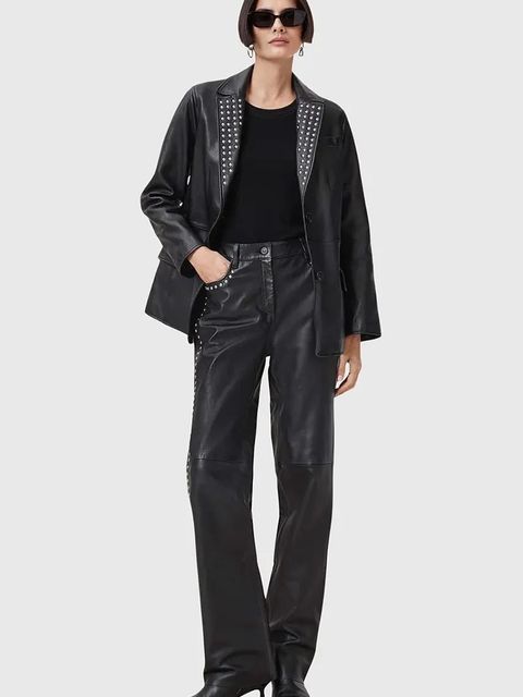 AllSaints marynarka skórzana CORINNA kolor czarny jednorzędowa W037LC